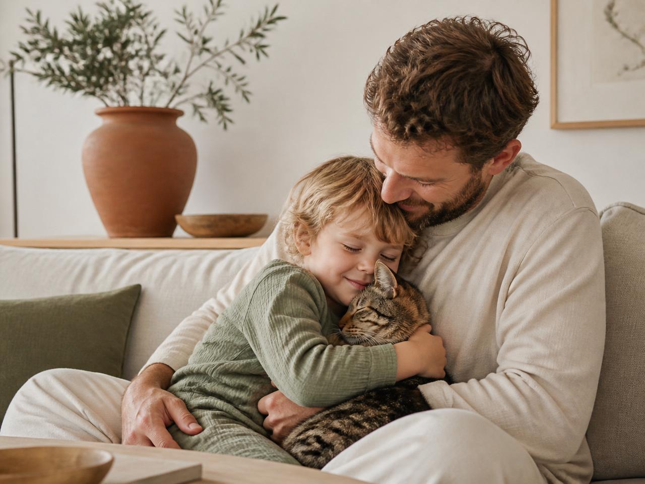 Familia cuidando a su gato en casa