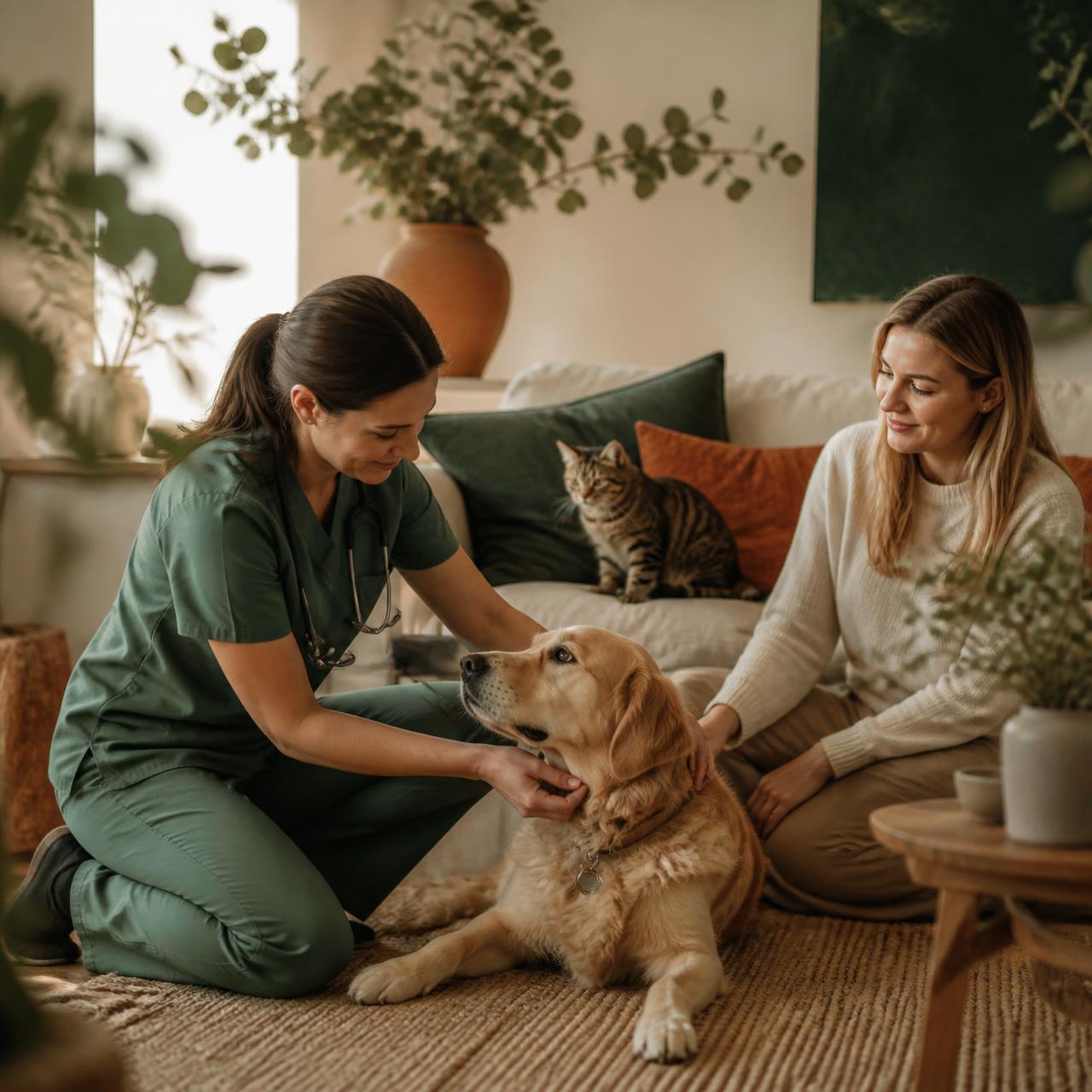 Médica veterinaria de Nido Vet atendiendo a un perro y un gato en casa