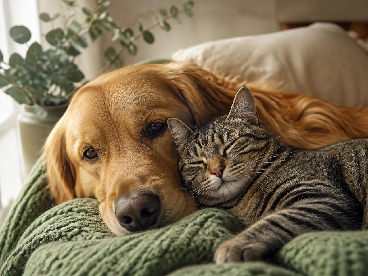 Perro golden y gato tabby descansando juntos en casa